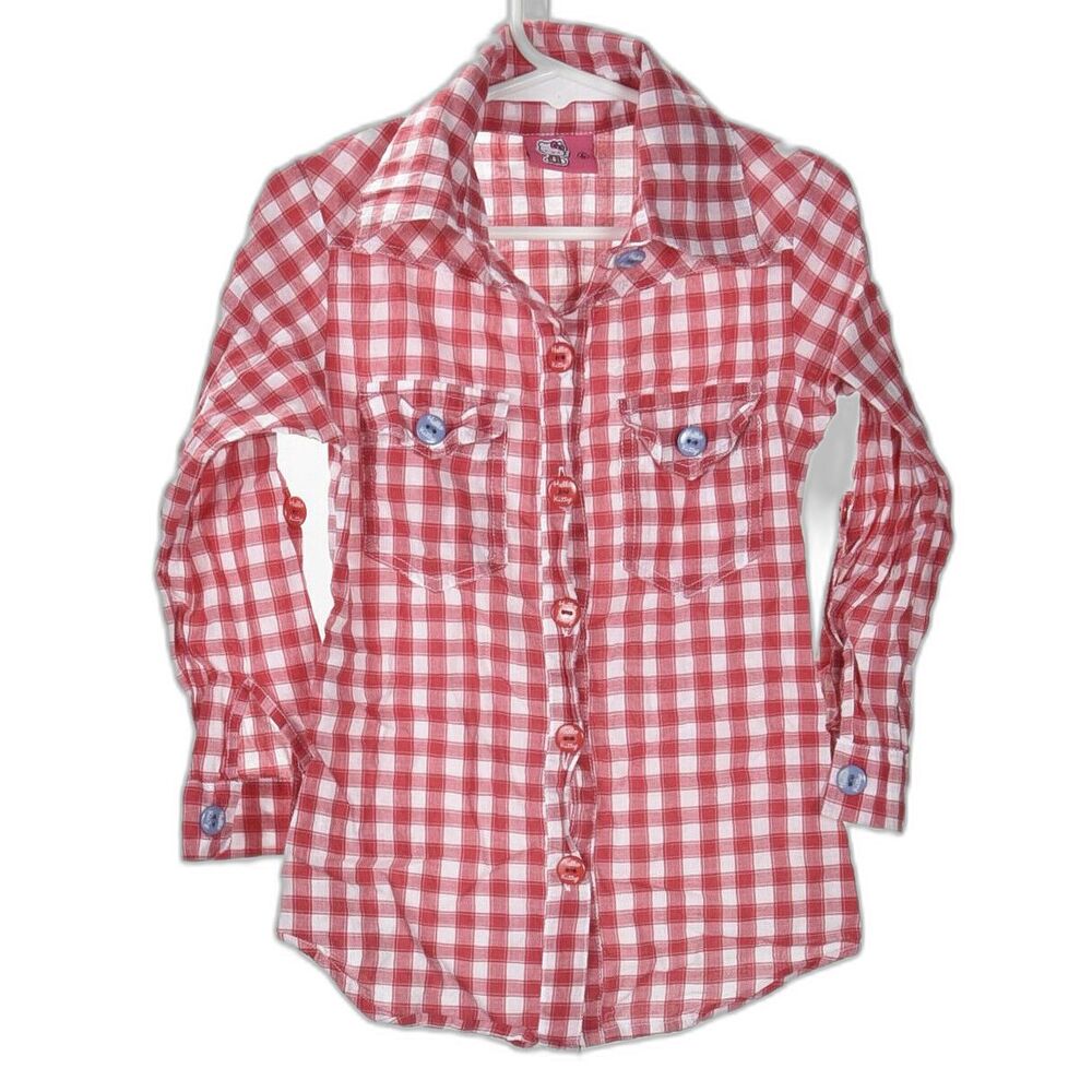 Sanrio Red Gingham Button Down Shirt 2 Button Flap Pockets Size 6